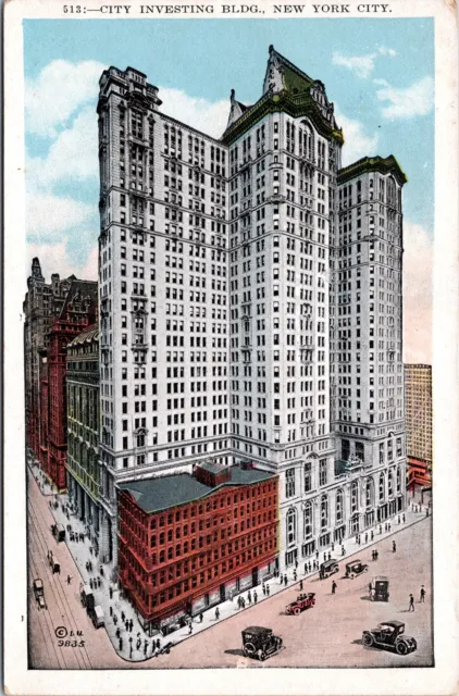 VINTAGE POSTCARD CITY INVESTING BUILDING & STREET SCENE c. 1920 NEW YORK CITY