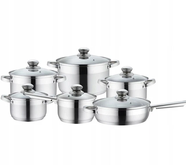 Juego de olla 12 piezas tapa de vidrio sartén olla tallo cazuela mango acero inoxidable✅