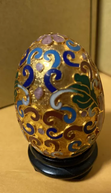 Chinese Gold Cloisonne Egg with Wood Stand Enamel  Vintage