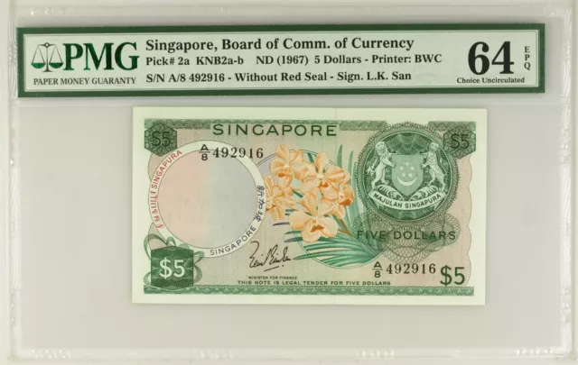 Singapore 5 Dollars 1967 P2 CU UNC PMG 64 EPQ Orchid A/8 S/N Original Paper Rare