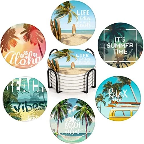 Coaster for Drinks Set of 6, Beach Two Palm Trees Vacation Absorbent Round