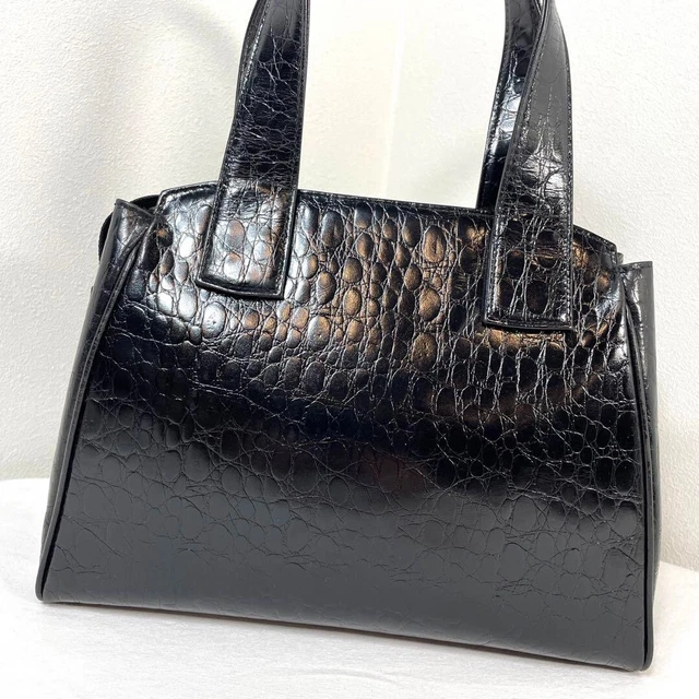 Rare Longchamp Leather Handbag Tote Bag Croc Embossed with Gold Charm Black 3