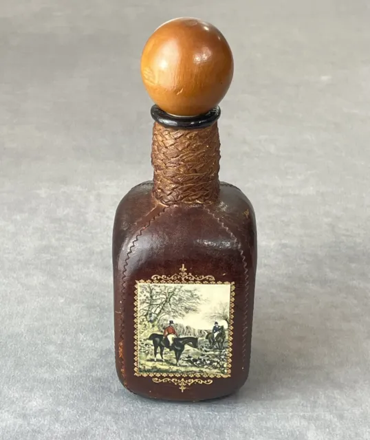 Vintage Leather Decanter Wrapped Glass Bottle Wood Plug Stopper Bar Decor Italy