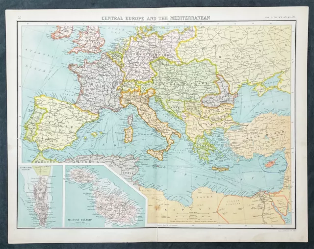1890 John Bartholomew Large Antique Map of Central Europe and the Mediterranean