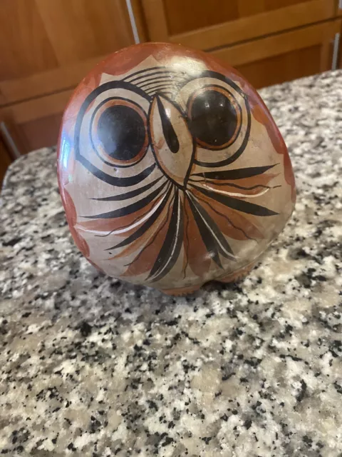 Vintage Owl Figurine Mexican Tonala Hand Painted Ceramic Pottery Owl Folk Art