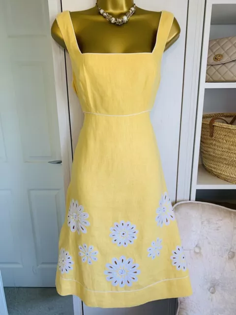 Debenhams Yellow Linen Embroidered Daisy Lined Dress UK 14 Summer Occasion