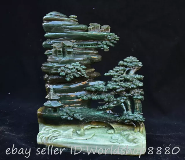 10.4" Chinese Natural Dushan Jade Carved Mountain Tree Figure House Boat Statue