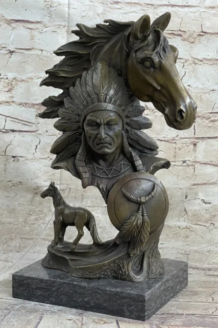 American Indian Chief And Detailed Horse Solid Bronze Statue Western Art Deco Nr