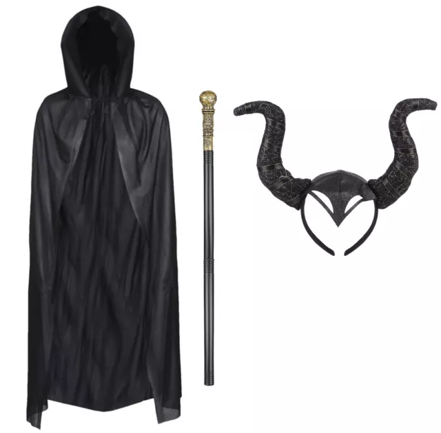 Black Gothic Horns Staff Cape Halloween Fun Fancy Dress Evil Witch Headband Cane