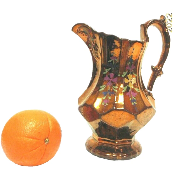 Antique 19th C Vict Staffordshire Pitcher Ewer Copper Lustreware HandPainted Jug