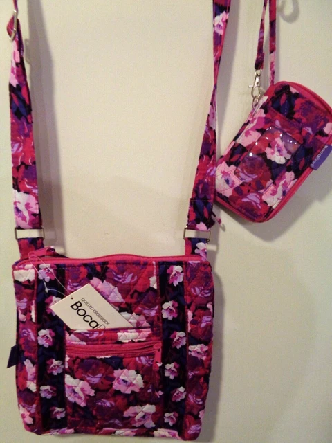 BOCA BAG & WALLET NWT Floral Quilted Crossbody Lots of Pockets Phone Purple Blue