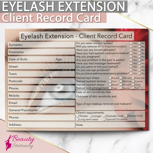 Eyelash Extension Client Record Card NEW - PREMIUM Treatment Consultation A6
