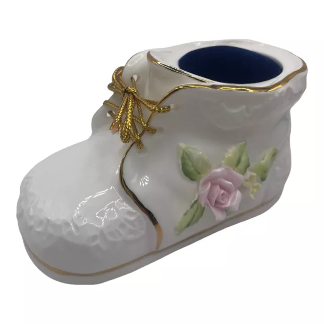 Towle Pin Cushion Fine Bone China Baby Shoe Gold Trim And Laces Pink Rose