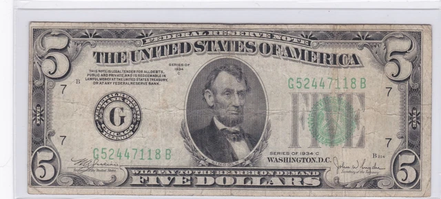 $5 1934-C Federal Reserve Note Chicago (7-G) Green Seal G52447118B