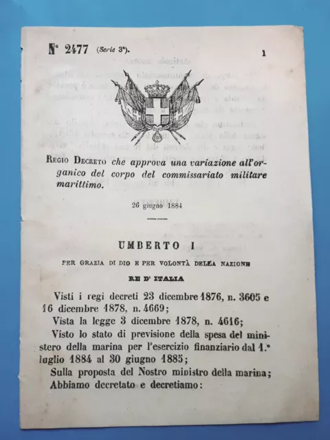 Decreto Regno Italia Variazione corpo del commissariato militare marittimo 1884