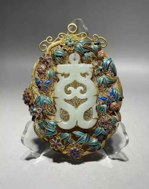 Rare Chinese silver gilding inlay Hetian white dragon pendant