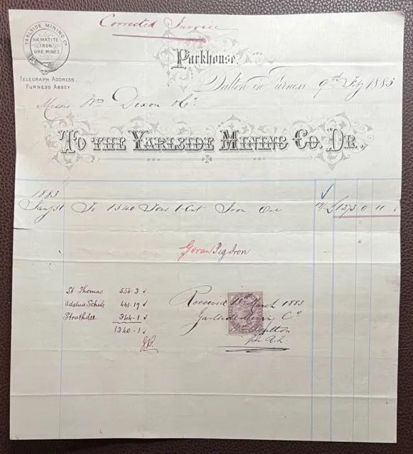 1883 The Yarlside Mining Co., Parkhouse, Dalton in Furness Invoice