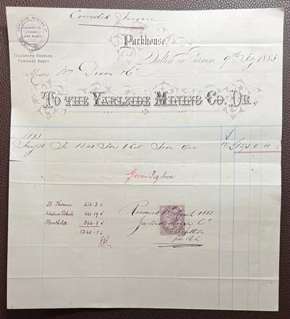 1883 The Yarlside Mining Co., Parkhouse, Dalton in Furness Invoice