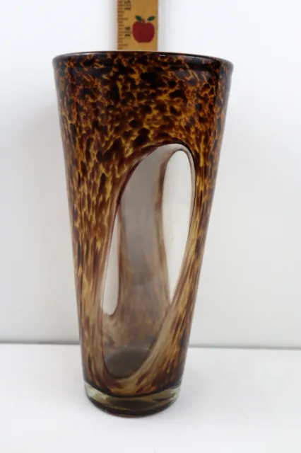 MCM Art Glass Vase Tortoise/Cheetah Handblown Glass w/White Lining 13"H Lg Heavy