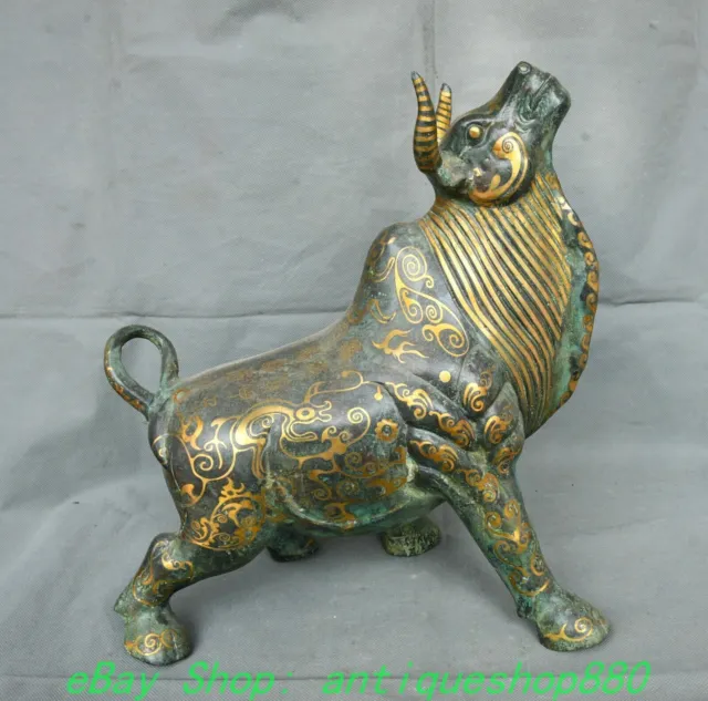 13.7"Old Chinese Shang Dynasty Bronze Ware Gilt Cattle Cow ox Bull Animal Statue