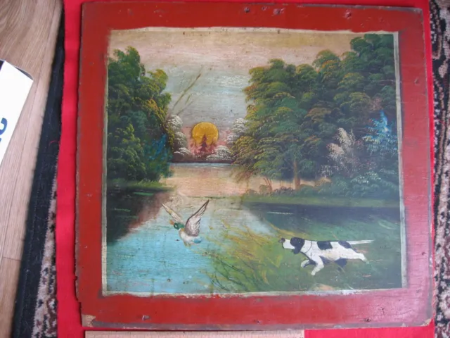 Vintage oil painting on plywood "Duck hunting",  late 19th - early 20th century