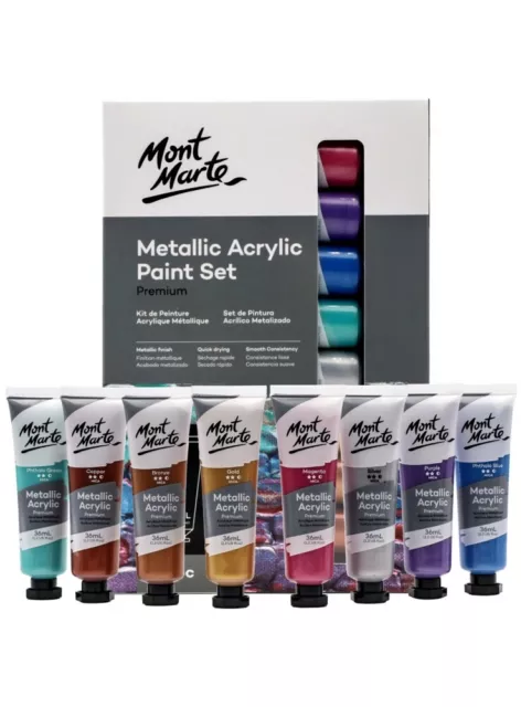 Mont Marte Premium Metallic Paint Set 8pc x 36ml Acrylic Paint Set Xmas Gift