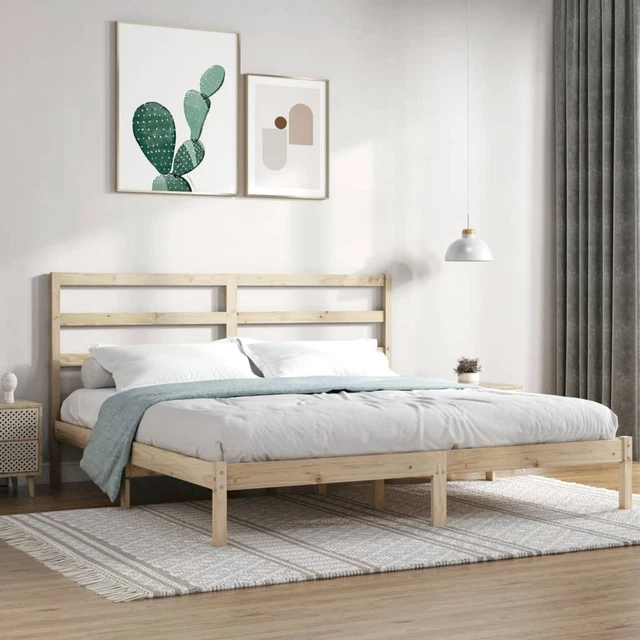 BED FRAME SOLID Pine Wood Brown 200 x 200 cm Slatted Headboard Rustic ...