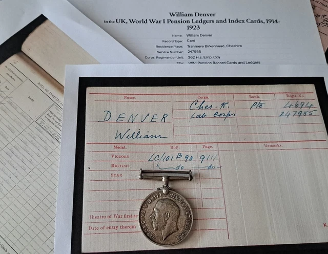 WW1 British War Medal to Pte Denver, Cheshire Regiment, Tranmere, Birkenhead Man