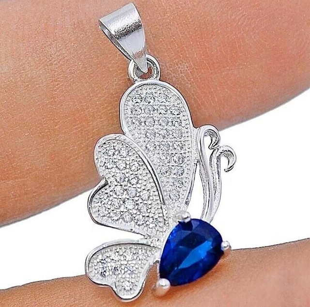 1CT Butterfly-Blue Sapphire & Topaz 925 Sterling Silver Pendant V1