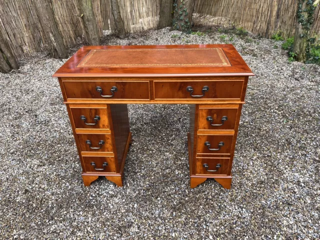 Antique Reproduction Yew Leather Top Knee Hole Desk Twin Pedestal Drawers