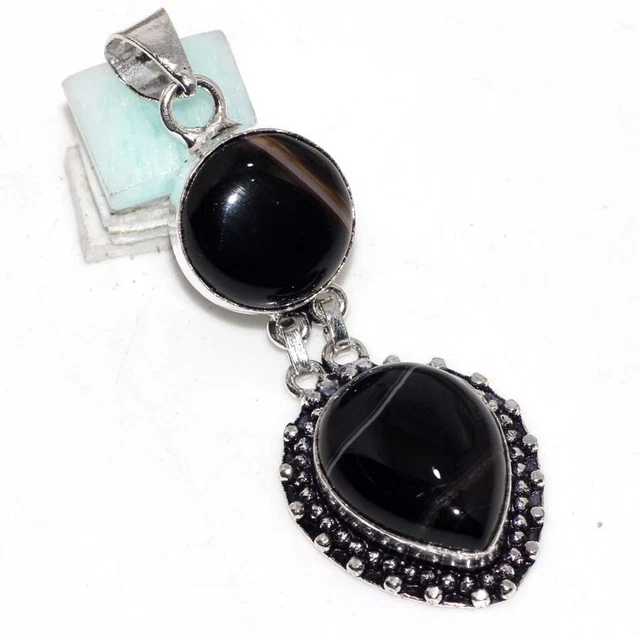 Gebändert Schwarzer Onyx 925 Versilbert Edelstein Lang Anhänger 2.5 " Geschenk