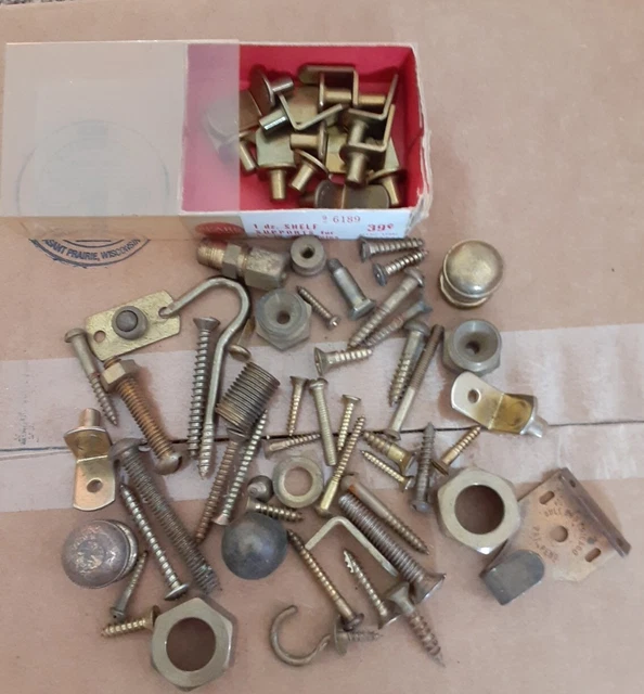 LOT OF OLD Brass and Brass Plated PIECES Nuts Bolts Screws Hooks Shelf Brackets