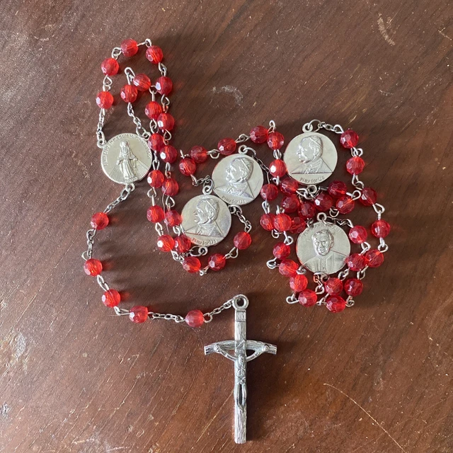 Vtg. Rosary 20 Decade! Saint Pope John Paul II Red Beads -Imm. Conception