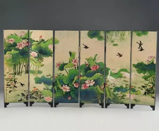 Oriental lacquerware handmade old painting lotus writing fold screen N