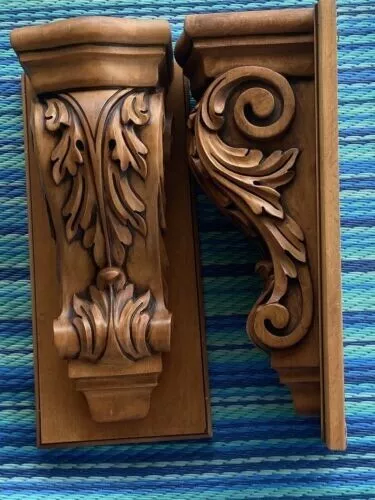 Set of 2 Solid Wood Carved Corbels Wall Bracket Shelves Heavy Pair Lovely Gift