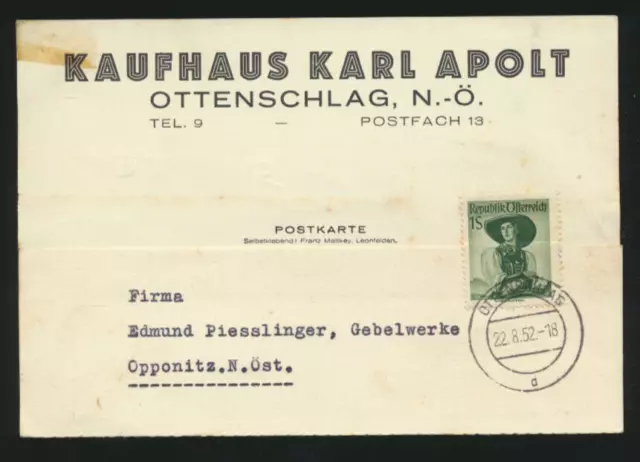 Geschäfts-Postkarte 1952 aus Ottenschlag, Kaufhaus Karl Apolt