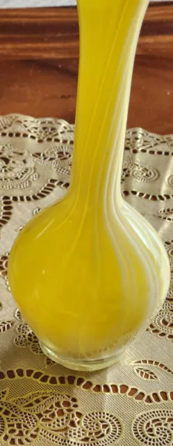 Vintage Art Glass Yello Swirl Bud Vase 8” Murano LikeHand Blown Fluted Top Stret