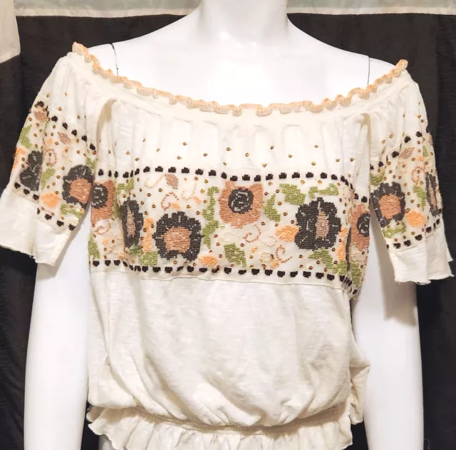 Free People M Sienna Embroidered Ivory Off Shoulder Top 2