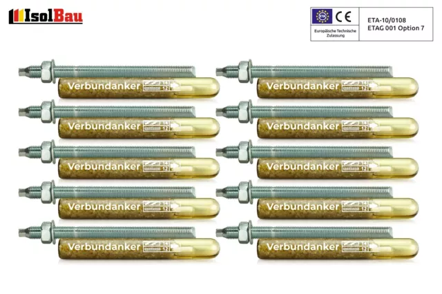 Set 10x Verbundankerpatrone M12 + Ankerstange M12 x160mm Verzinkt ETA Zulassung