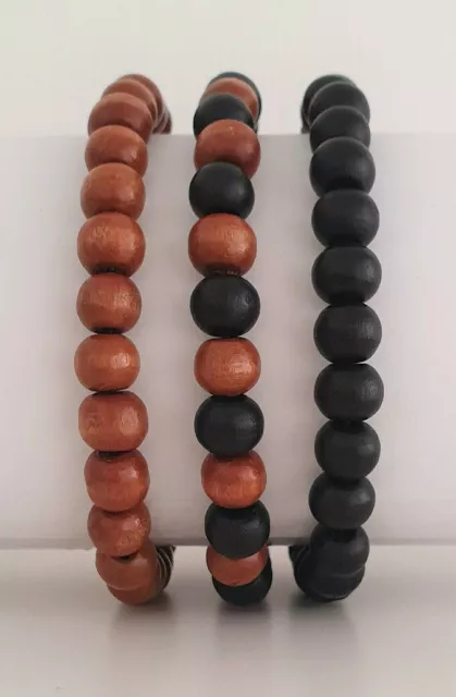 Set of 3 Wood Mens Wooden Bead Tribal / Surfer Elastic Bracelet - Black & Brown