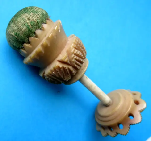Antique Super Pierced  & Carved Tagua Nut  Sewing Pin Cushion,Spool Shaft.