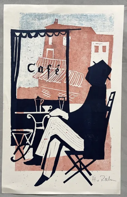Hans Rahn 1905 - 1991 farbiger Linolschnitt Motiv: Mann im Café, signiert,