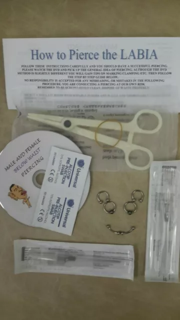 DOUBLE LABIA BODYPIERCING KIT 100% STERILE+ INSTRUCTIONs ,dvd, clamps, variation