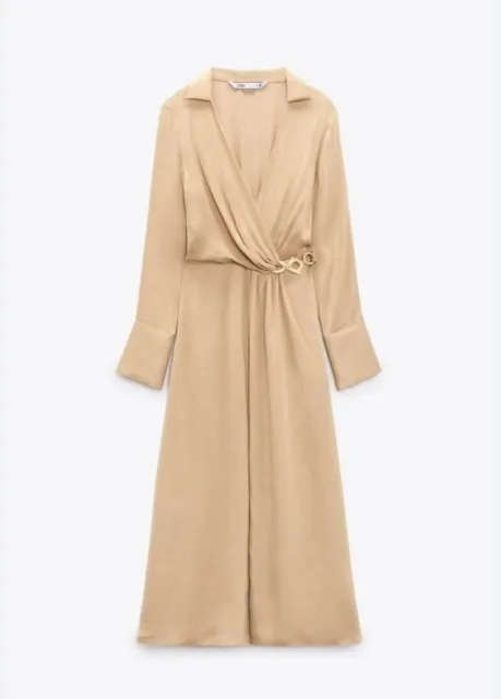 Zara Satin Effect Midi Dress Soft Gold Womens Long Sleeve. Size Large. New!