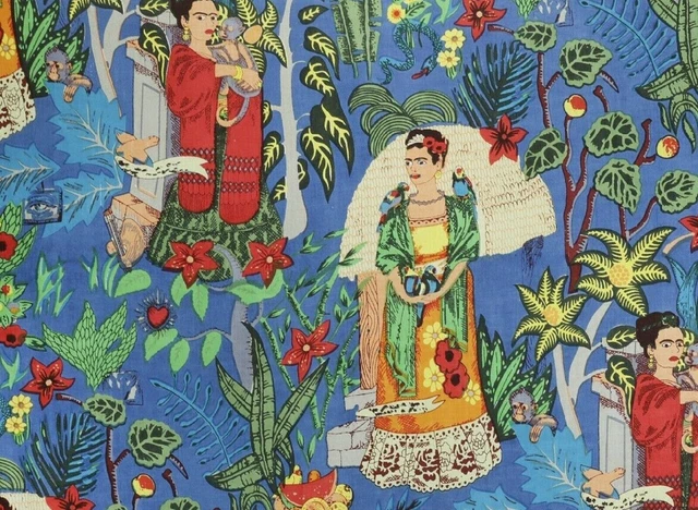 Femme Frida Kahlo Imprimé Coton Doux de Luxe Bleu Robe Faisant Boho Tissu Yard