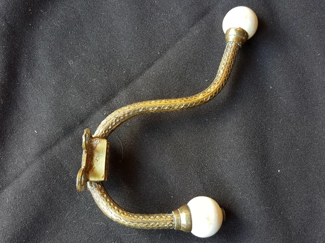 One Reclaimed Antique Brass & Porcelain Victorian Hat & Coat Hook (EB3)