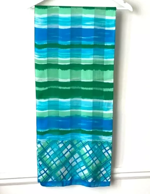 FOULARD très lumineux BLEU VERT BLANC état Neuf 34 x 158cm