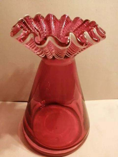 Fenton Hand Blown 7" Ruffled Cranberry White Stripes Glass Vase