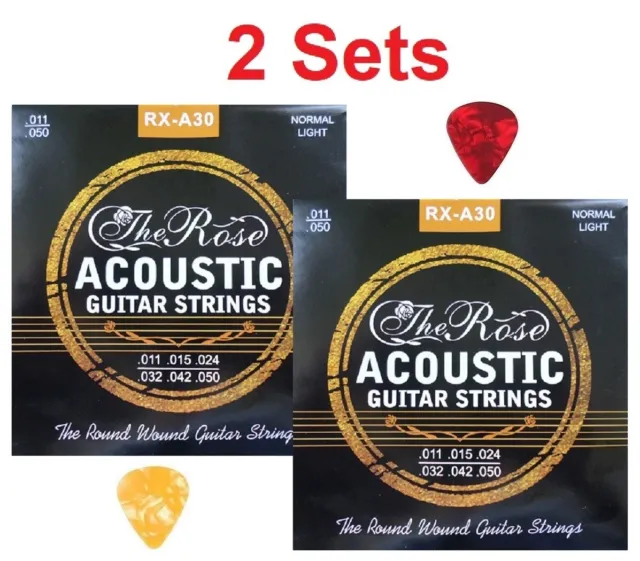 Acoustic Guitar Strings - 2 Sets With 2 Guitar Picks - Normal Light Gauge 11-50