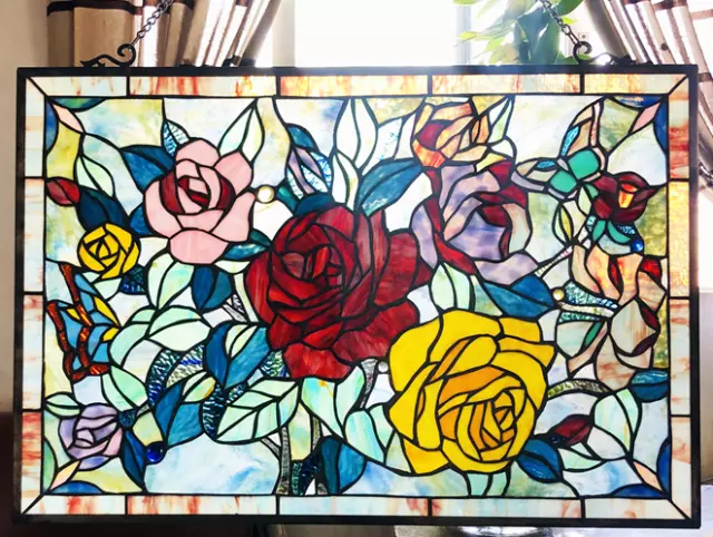 27"x 19” Floral Rose Blooms & Butterfly Tiffany Style Stained Glass Window Panel